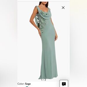Mac Duggal sleeveless 3D Flower Detailing Cowl Neck Gown Sage